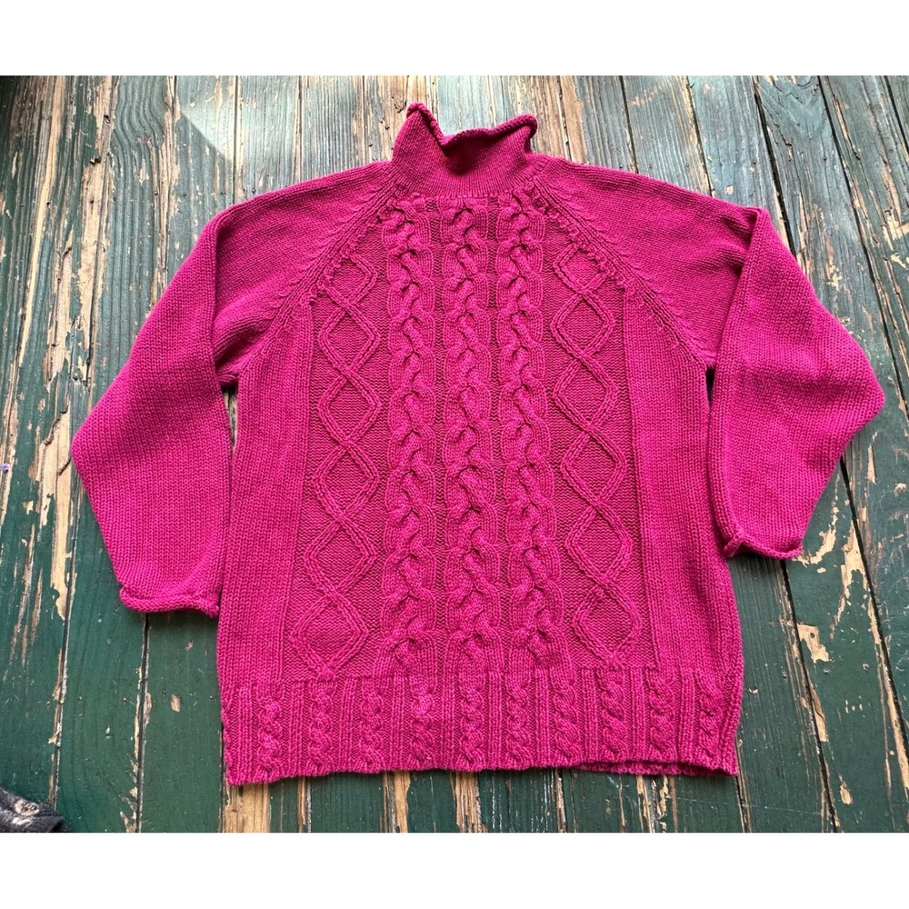 Priority Vintage Magenta Pink Cable Knit Mock Neck Sweater Ramie Cotton Blend M
